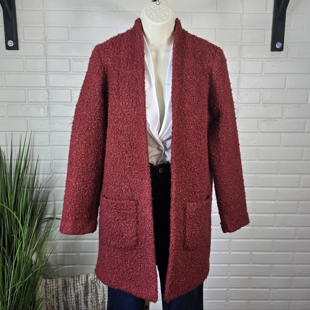 Carole Wren Red Boucle Open Long Jacket Cardigan Small